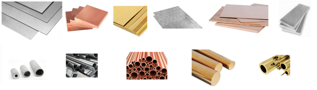 Image de plaques, tubes  et barres de métal dans materiaux de couleur cuivre, laiton alu et inox 